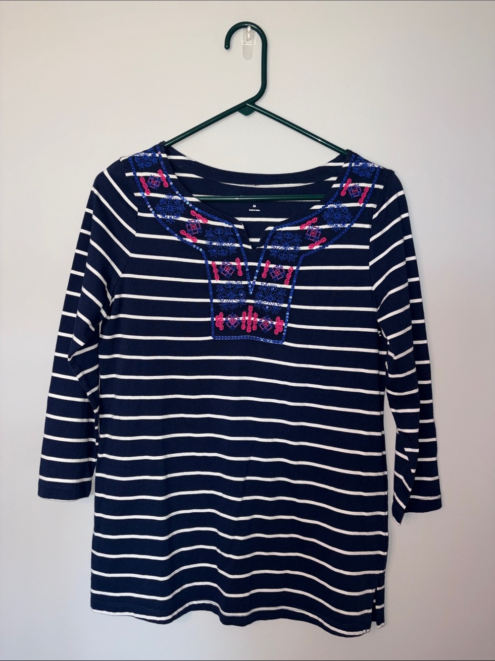 Kim Rogers Navy and White Striped Tunic with Pink & Blue Embroidery M